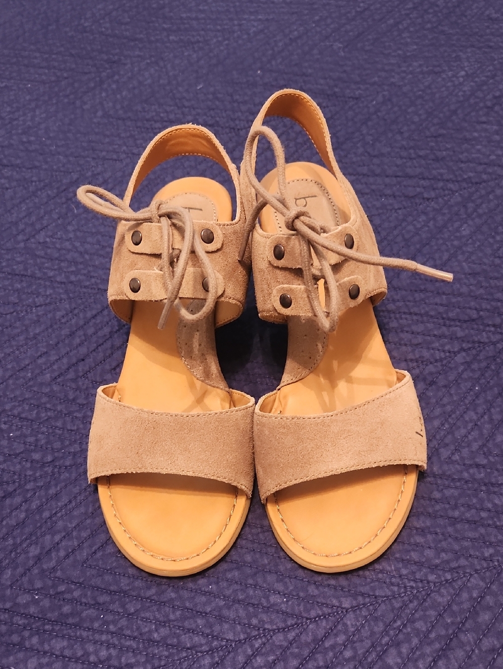 boc tan suede lace-front sandals